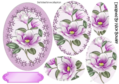 Pretty pink magnolias in floral and pearl frame oval pyramids