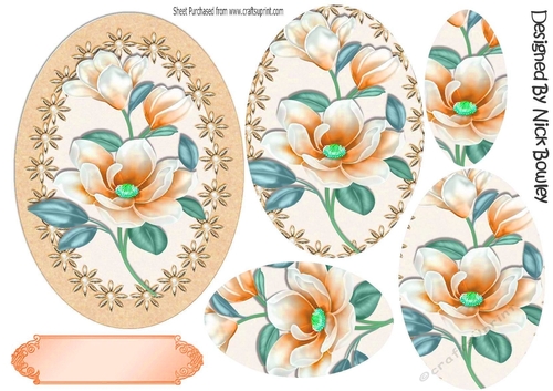 Pretty peach magnolias in floral and pearl frame oval pyramids