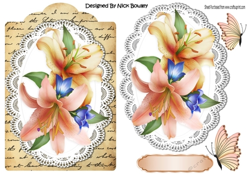 Pretty pink and peach lilies on lace tag with script