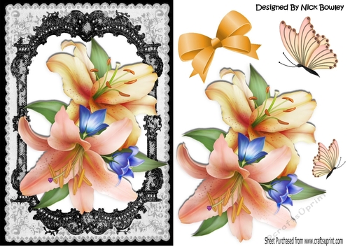 peach and pink lilies in a pretty black lace frame with butterflies