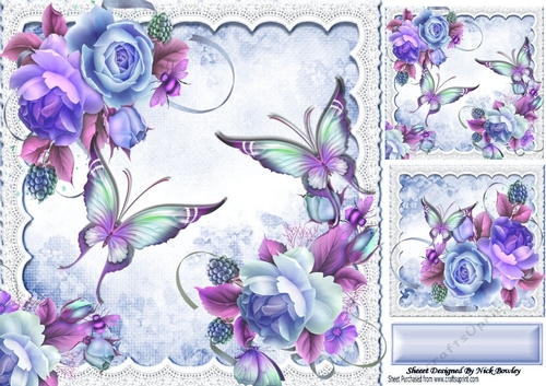 Pretty shades of lilac, blues and pinks flowers/roses and butterflies 8x8