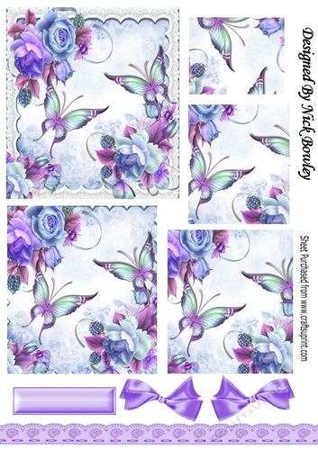 Pretty shades of lilac, blue and pink flowers/roses pyramids with  lace border