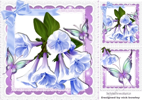 Pretty lilac/blue bell flowers with butterflies on lace 8x8