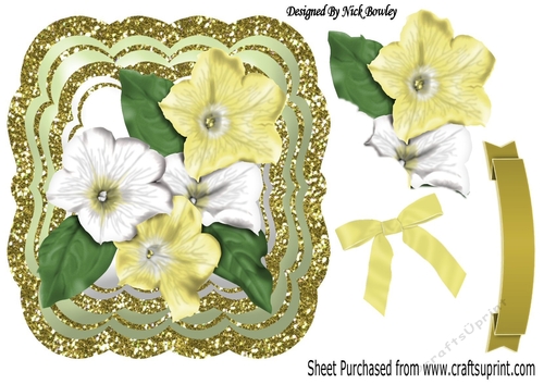 Pretty lemon and white flowers in gold glitter frame
