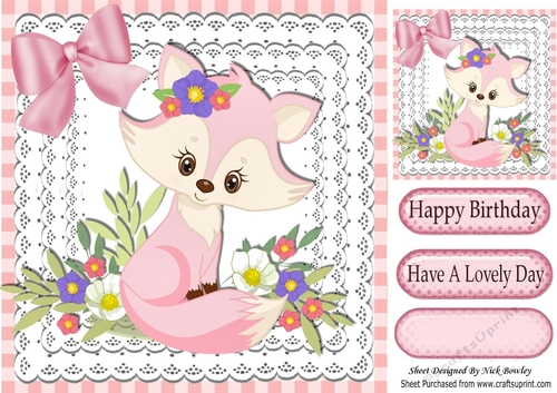Cute little foxy girl on lace with flowers & bow 8x8