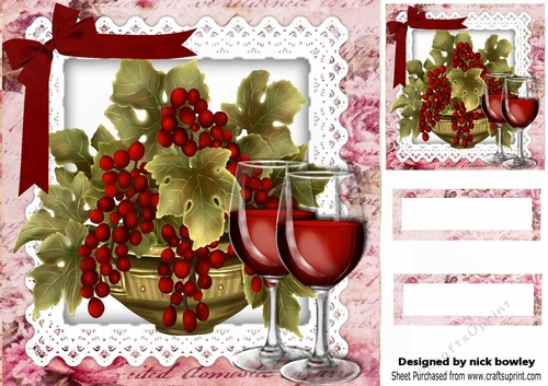 Grapes and Red Wine with lace and bow 8x8