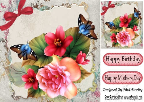 Pretty summer roses with butterflies and bow 8x8