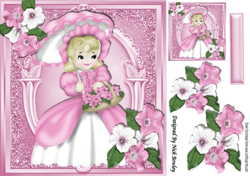 Pretty in pink with flowers little lady with parasol in ornate frame 8x8