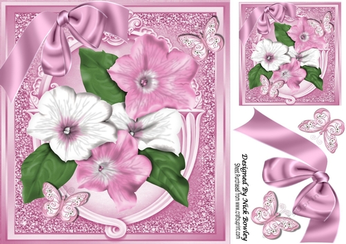 Pretty pink Petunias with satin bow & butterflies 8x8