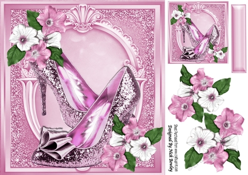 Pretty pink sparkle shoes with petunias 8x8