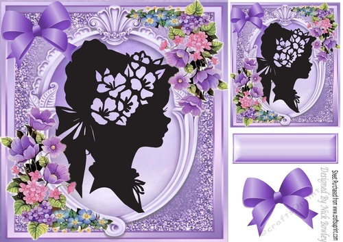 Silhouette lady with flowers and pretty bow 8x8