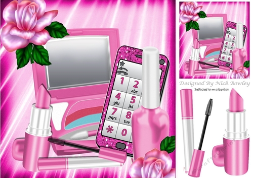 Pink makeup with  glitter mobile phone and rose 8x8