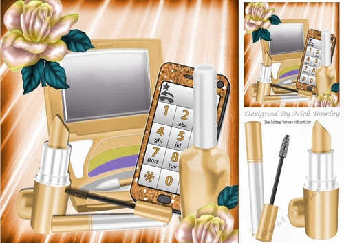 Gold makeup with  glitter mobile phone and rose 8x8