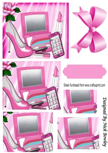 pink makeup with  glitter mobile phone and rose with bow  pyramids