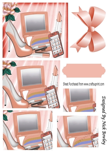 peach makeup with  glitter mobile phone and rose with bow  pyramids