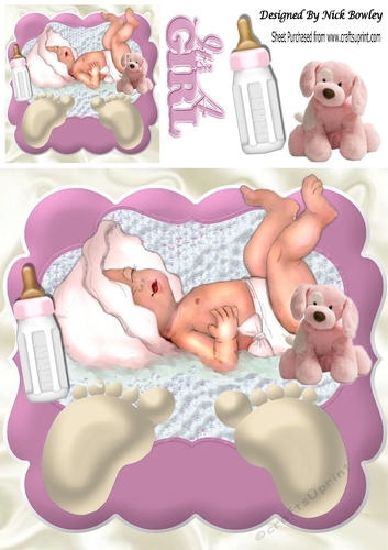 Sweet baby girl sleeping, with her bottle and cuddly toy 8x8