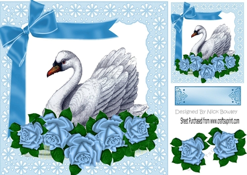 Pretty white vintage swan with blue roses & bow 8x8