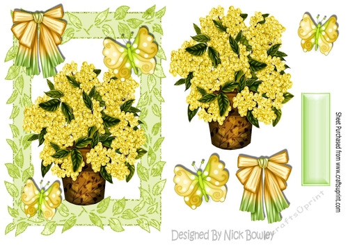 Pretty yellow flowers in a pot with butterflies and bow A5
