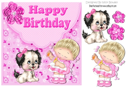 Cute little girl with puppy on envelope floral card