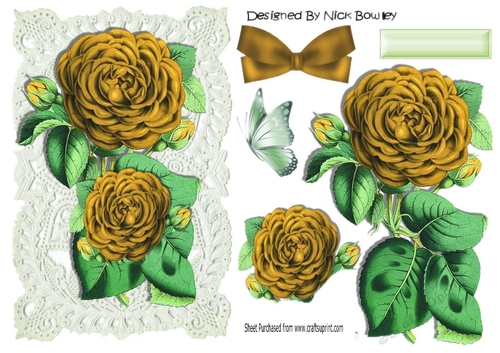 Pretty gold roses on old ecru  lace  A5