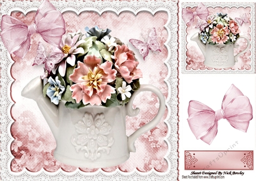Pretty porcelain Roses in a ornamental watering can 8x8