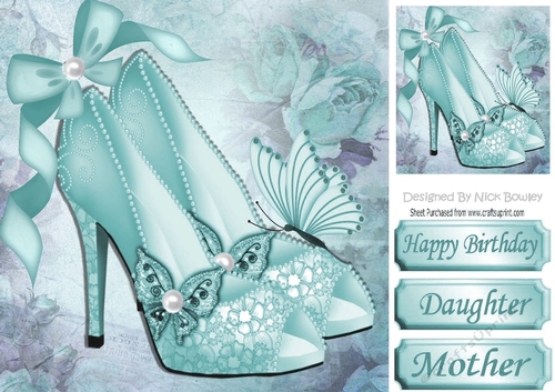 Pretty turq sparkle shoes with bow and butterflies 8x8
