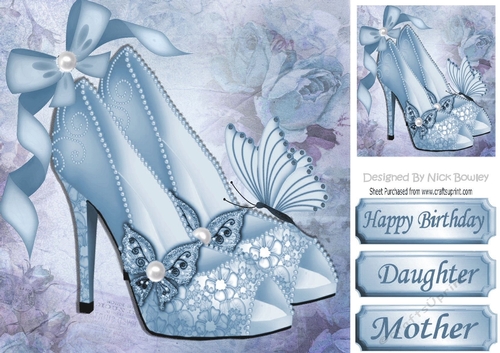Pretty blue sparkle shoes with bow and butterflies 8x8