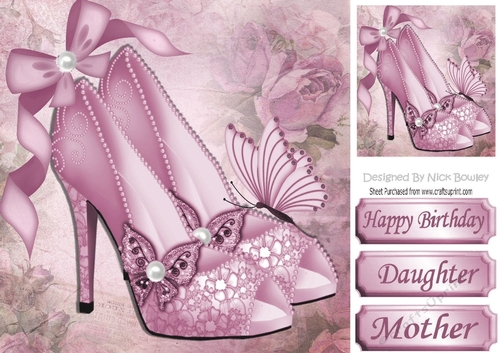 Pretty rose sparkle shoes with bow and butterflies 8x8