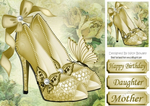 Pretty gold sparkle shoes with bow and butterflies 8x8