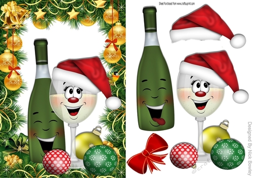 Happy Christmas toony glass of champagne with baubles A5