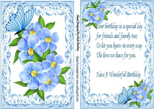 Pretty blue flowers in ornate card front with matching insert with verse