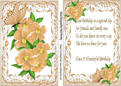 Pretty peach flowers in ornate card front with matching insert with verse