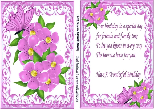 Pretty pink flowers in ornate card front with matching insert with verse