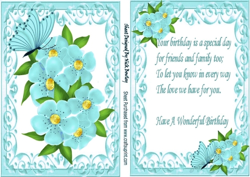 Pretty turq flowers in ornate card front with matching insert with verse