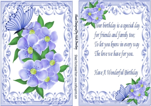Pretty lilac flowers in ornate card front with matching insert with verse