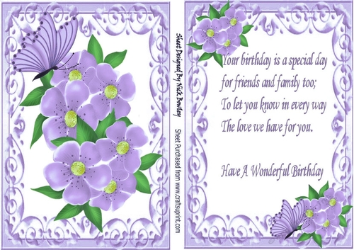 Pretty purple flowers in ornate card front with matching insert with verse