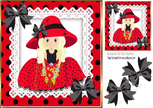 Pretty girl in red polka dot dress with lace & bows 8x8