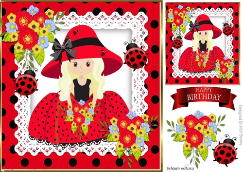 Pretty girl in red polka dot dress with lace, ladybirds & flowers 8x8