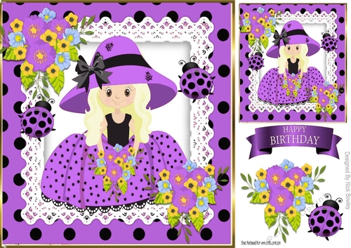 Pretty girl in purple polka dot dress with lace, ladybirds & flowers 8x8