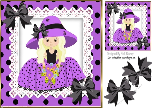 Pretty girl in purple polka dot dress with lace & bows 8x8