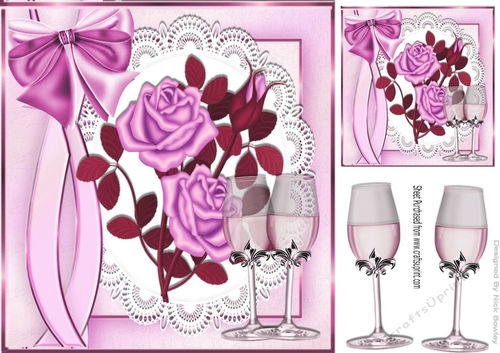 pink roses, on lace with champagne for Anniversary 8x8
