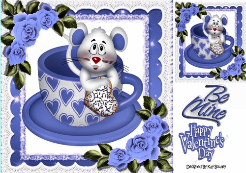 Cute little mouse in teacup with blue roses 8x8