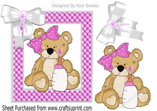Cute little baby bear, with pink bow in bead frame