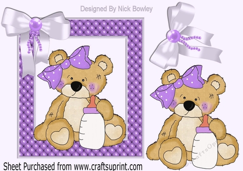 Cute little baby bear in bead frame with purple bow