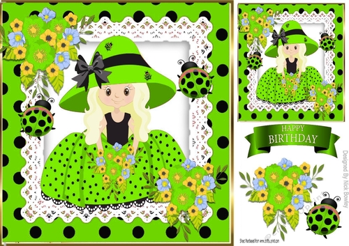 Pretty girl in lime green polka dot dress with lace & bows 8x8