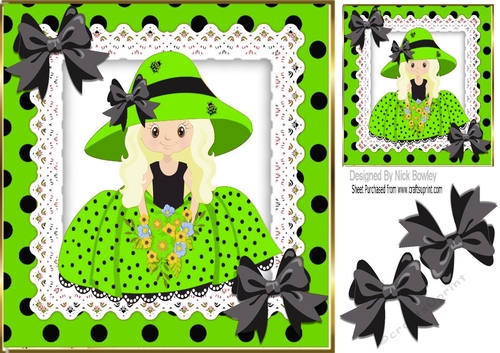 Pretty girl in lime green polka dot dress with lace & bows 8x8