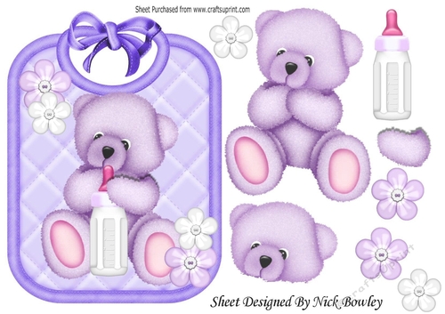Cute cuddle bear on lilac babys bib with bottle
