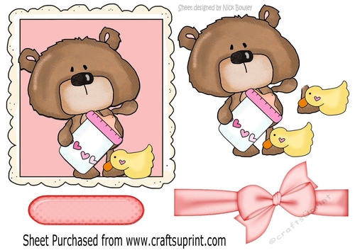 Cute teddy, with bottle and little duck with bow
