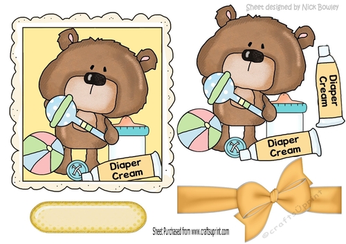 Cute teddy, with diaper cream and rattle l with bow