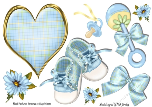 Baby Boys Shoes & Rattle pretty blue heart & flowers  A4